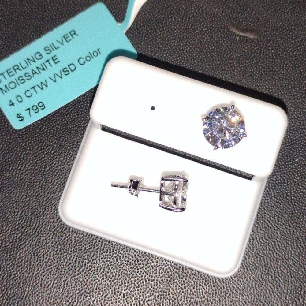 Sterling Silver Moissanite Stud Earrings - Clear Sparkle - Picture 4 of 5
